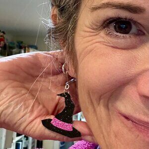 Handcrafted Spooky, Glittery Witch's Hat Earrings!